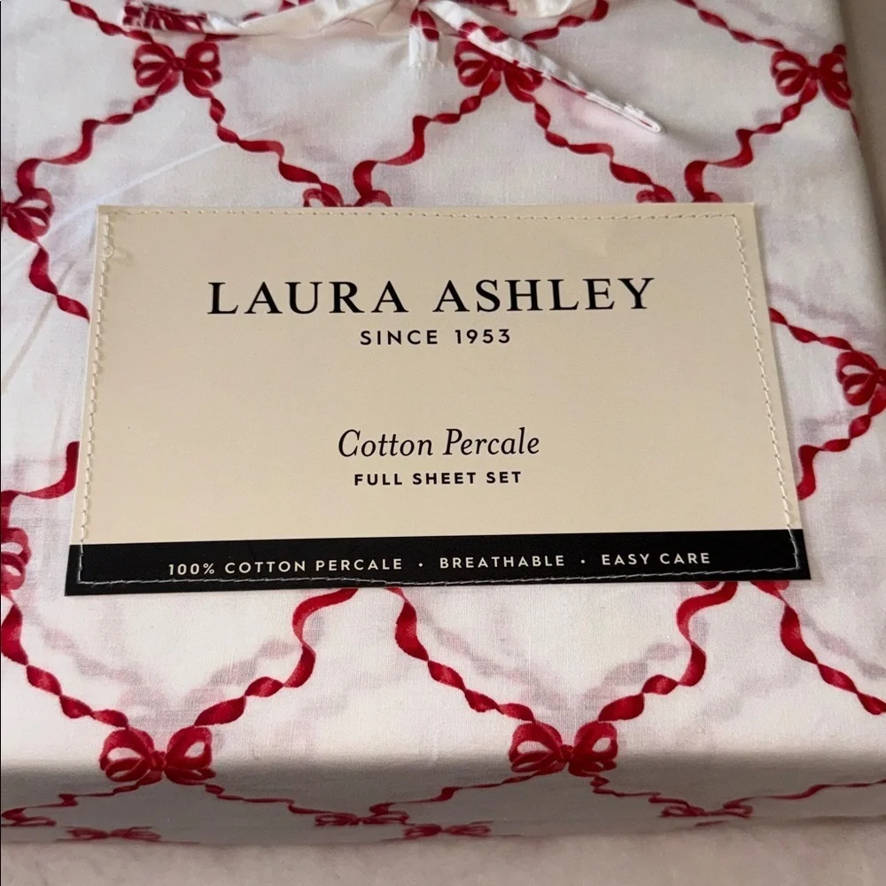 Laura Ashley Christmas Holiday Red Bow Ribbons Sheet Set - Full